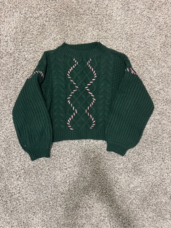 Altar'd State Sweaters - Altar'd State Dark Green Cable Knit Sweater with Pink Stitching